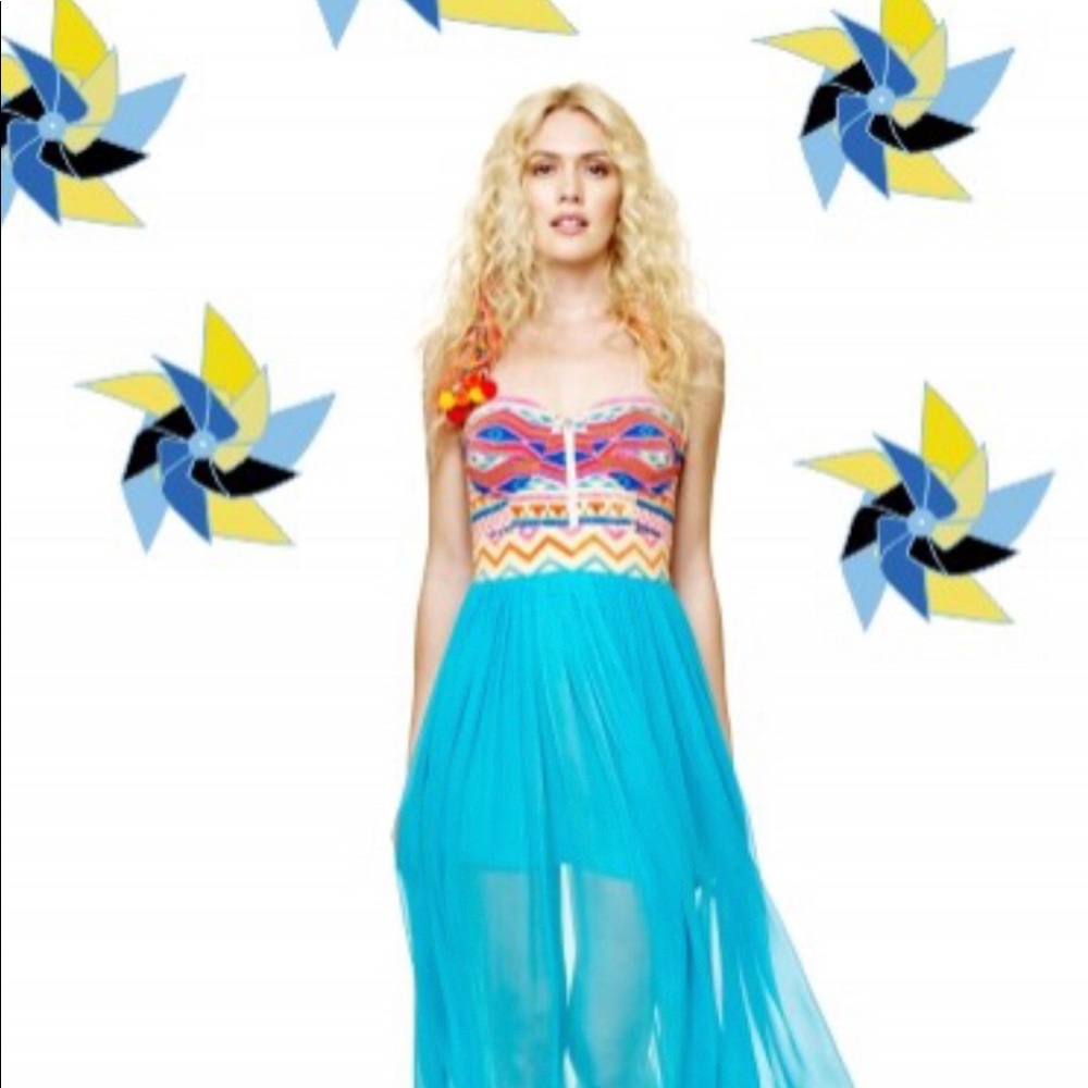 Aqua blue sheer maxi with printed bustier top